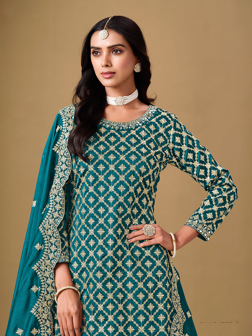 Monjolika Fashion Jacquard Work Dola Teal Readymade Lehenga Choli - Swadesiicart