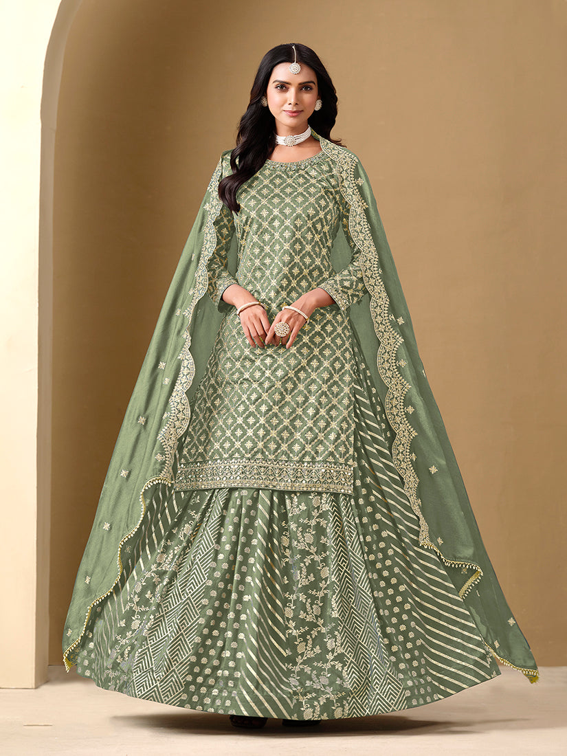 Monjolika Fashion Jacquard Work Dola Sage Green Readymade Lehenga Choli - Swadesiicart