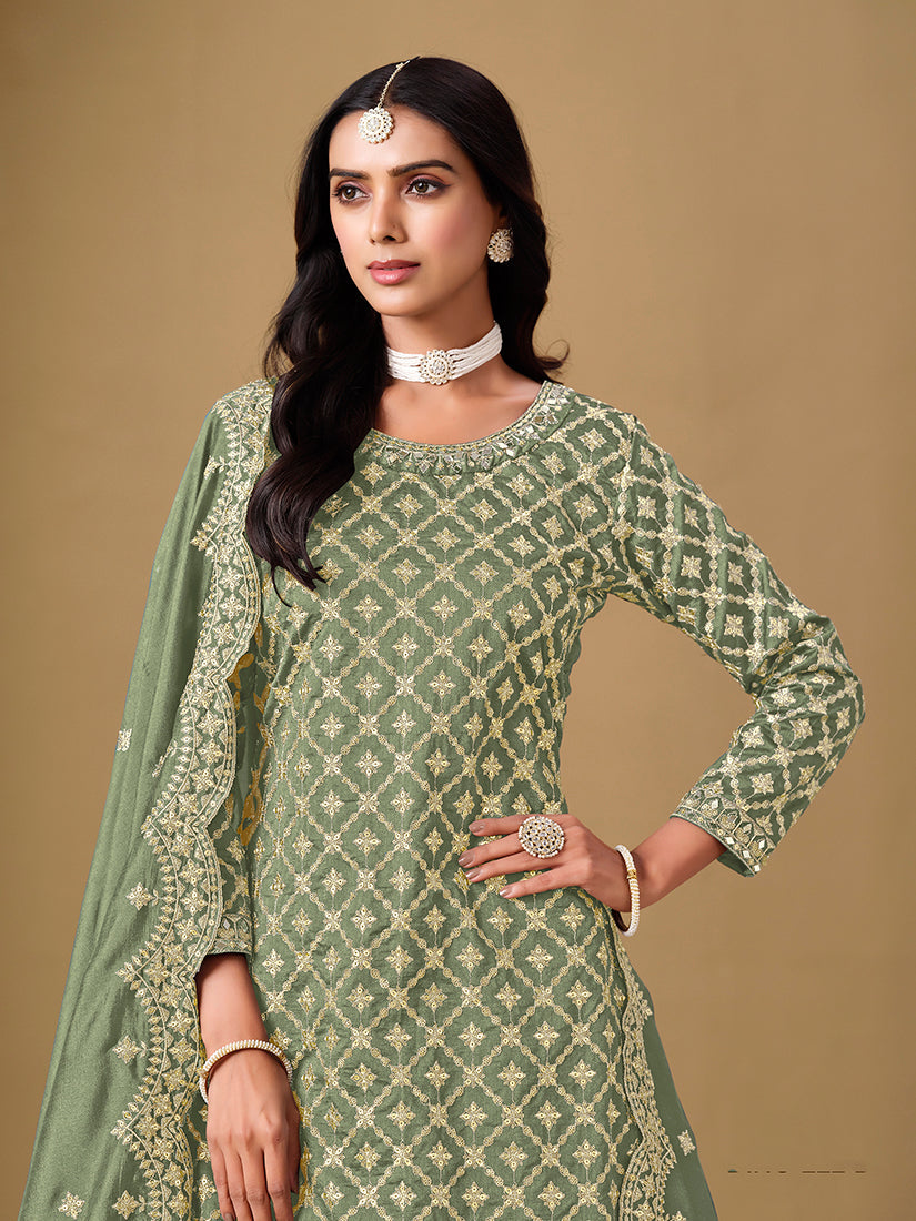 Monjolika Fashion Jacquard Work Dola Sage Green Readymade Lehenga Choli - Swadesiicart