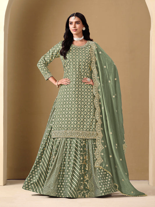 Monjolika Fashion Jacquard Work Dola Sage Green Readymade Lehenga Choli - Swadesiicart