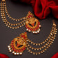 Aadita Red Gold-Toned & White Pearls Studded Contemporary Drop Earrings With Hair Chain | Swadesiicart