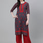 ADA Women Charcoal Grey & Red Chikankari Hand Embroidered Cotton Straight Sustainable Handloom Kurta | Swadesiicart