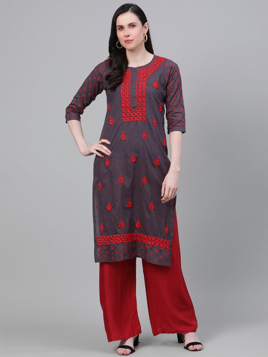 ADA Women Charcoal Grey & Red Chikankari Hand Embroidered Cotton Straight Sustainable Handloom Kurta | Swadesiicart