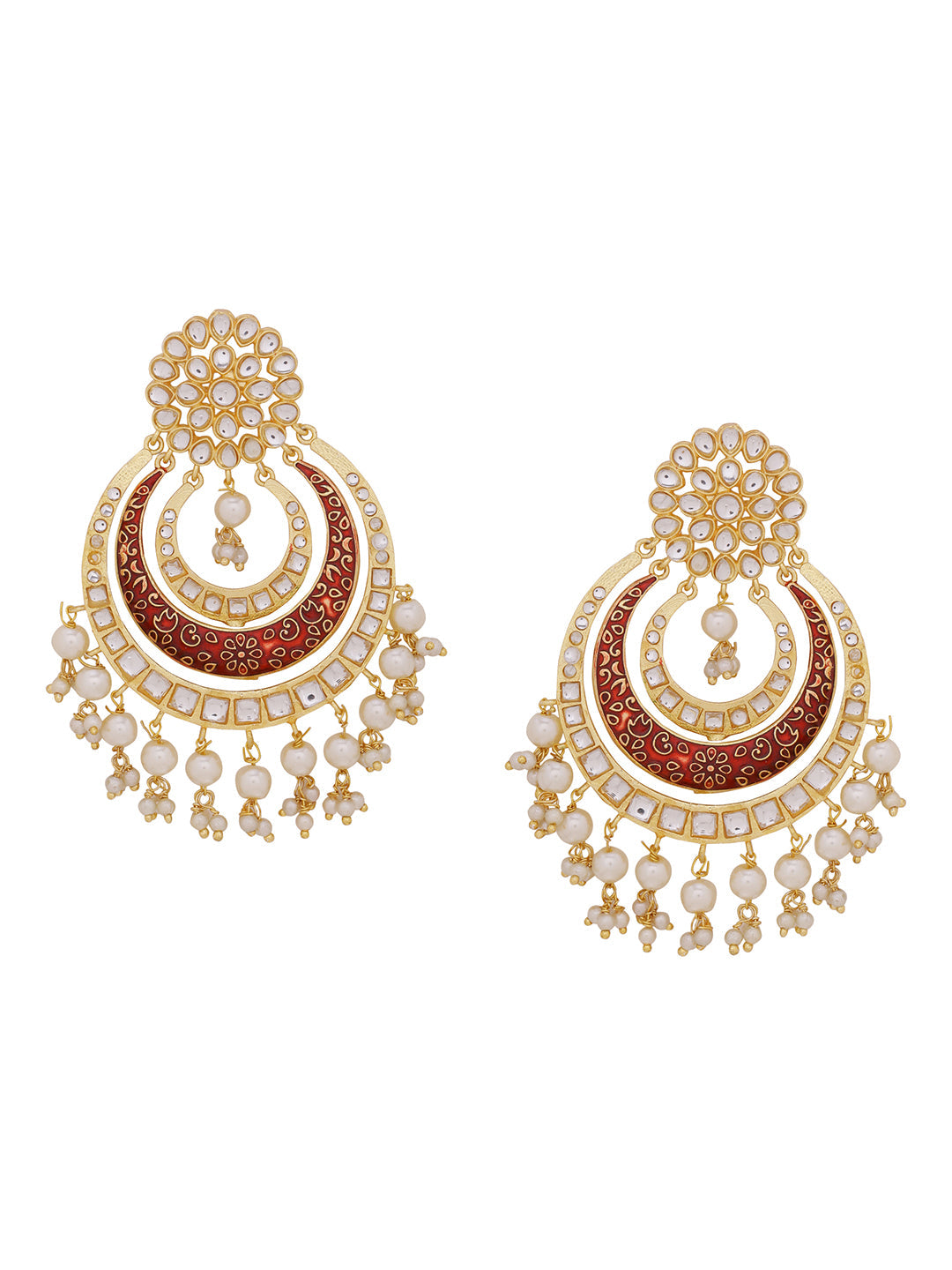Shoshaa Red & Off-White Kundan Studded & Beaded Crescent Shaped Chandbalis | Swadesiicart