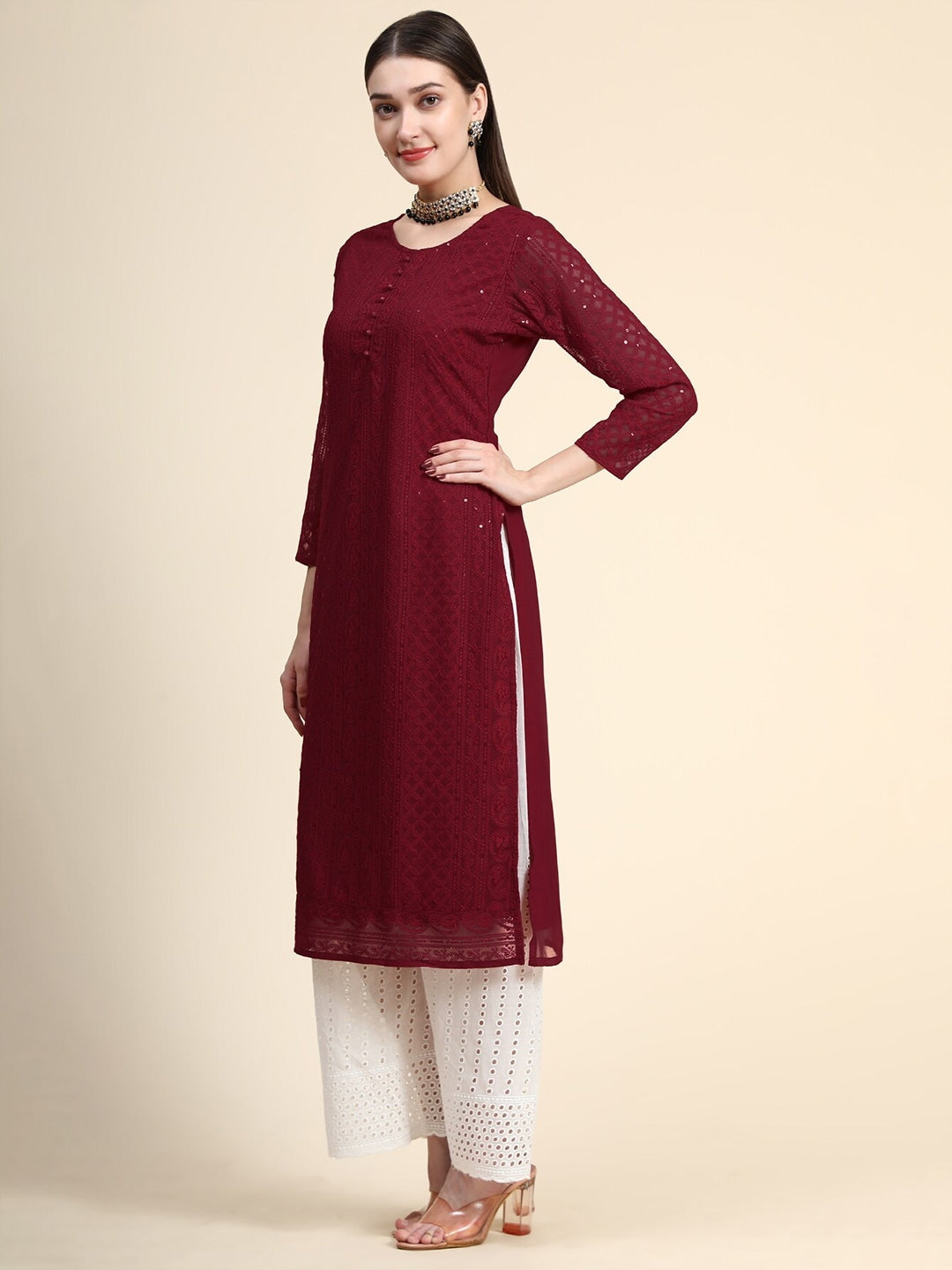Kalini Paisley Embroidered Chikankari Georgette Straight Regular Kurta | Swadesiicart