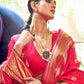 Mitera Pink & Golden Floral Zari Silk Blend Banarasi Saree | Swadesiicart