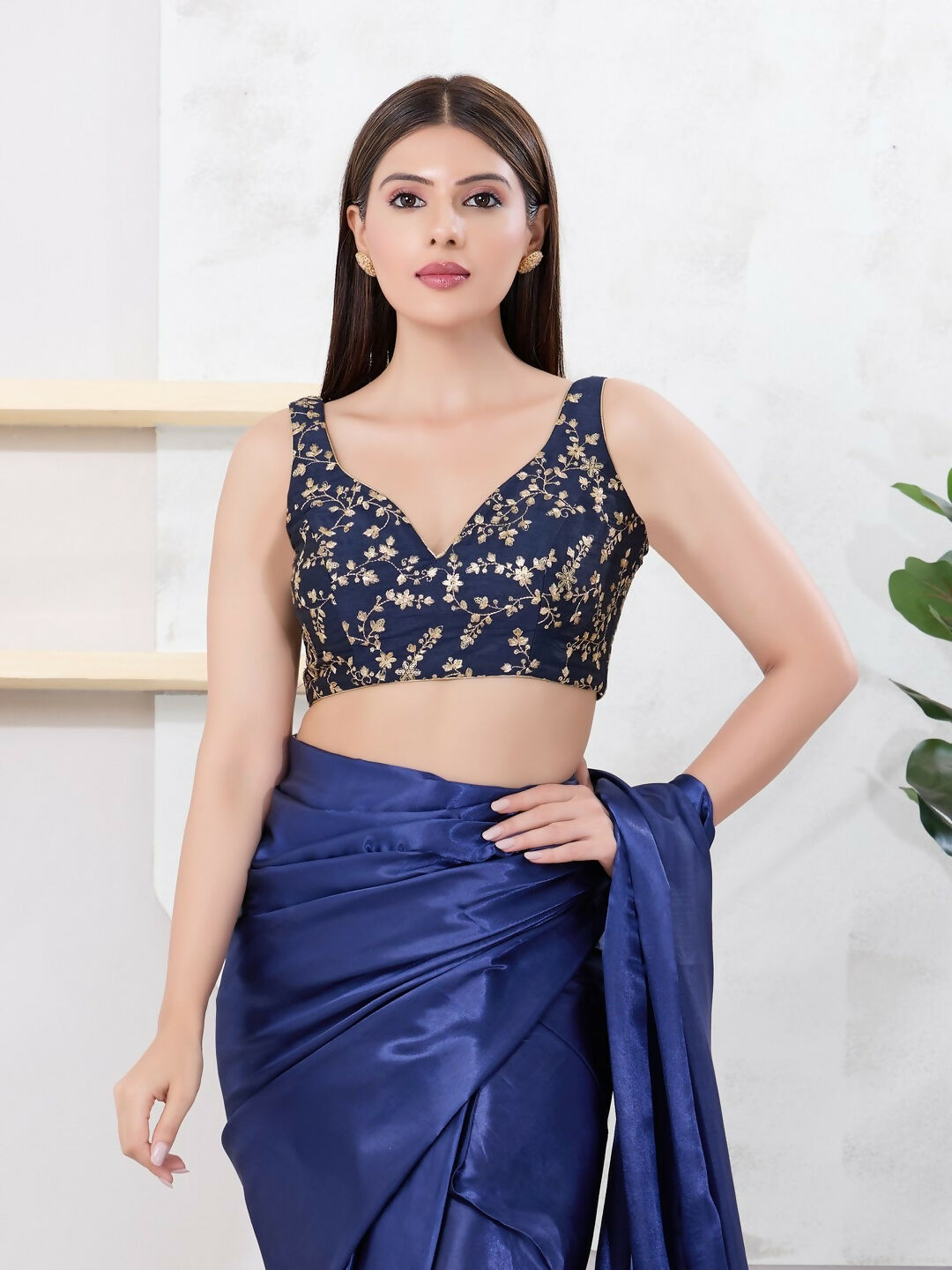 Joban Fashion Navy-Blue Mulberry Silk Sleeveless Back Open Blouse - Swadesiicart