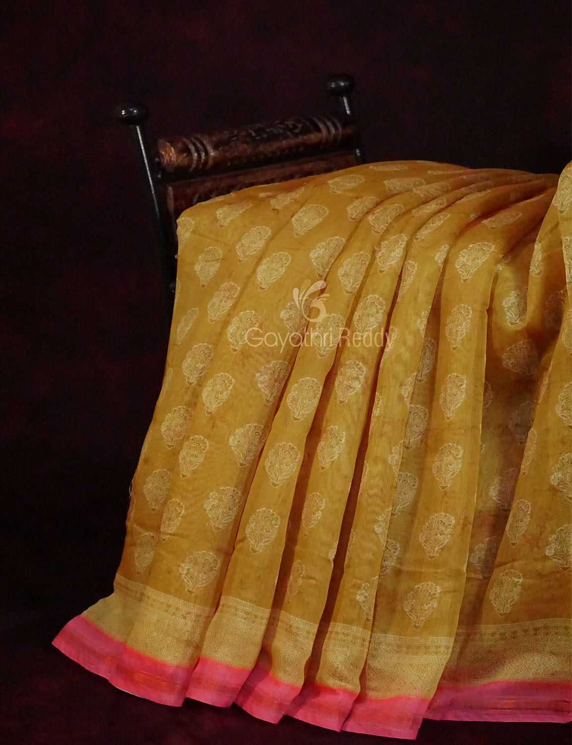 Dry Mehendi Colored Block Print Semi Chanderi Saree By Gayathri Reddy Designer Studio | Swadesiicart