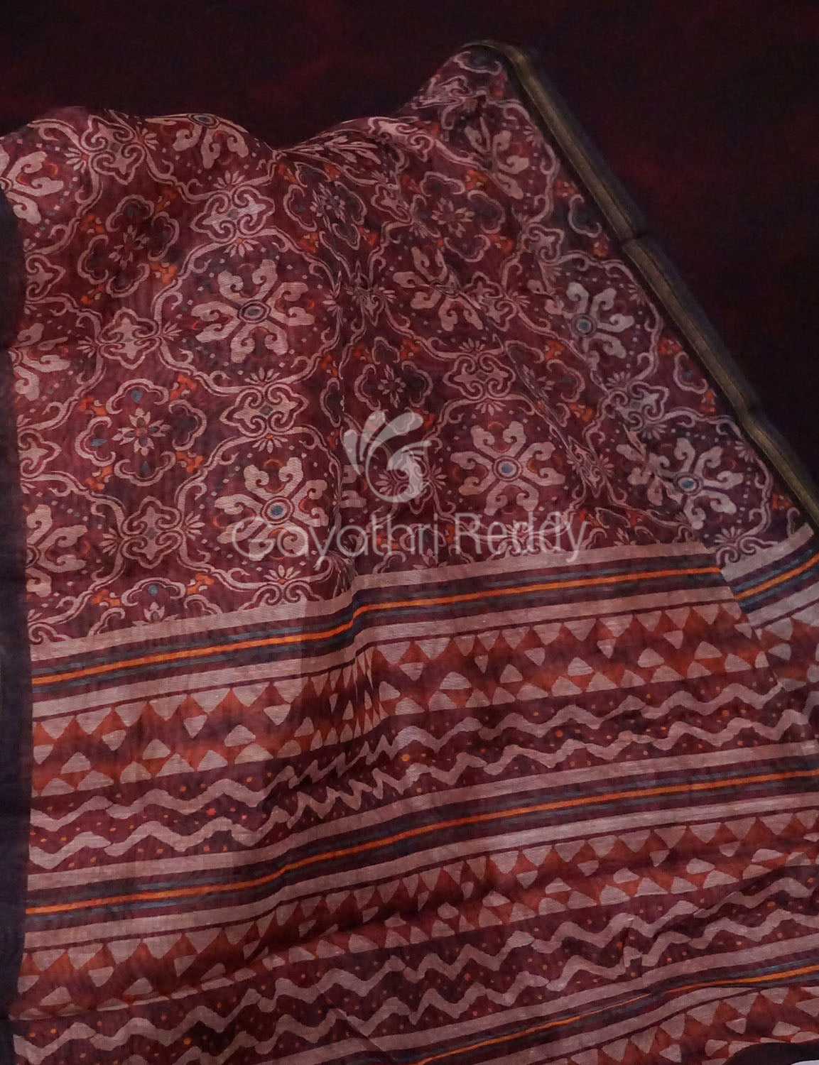 Wine Colored Floral Design Semi Chanderi Saree By Gayathri Reddy Designer Studio | Swadesiicart