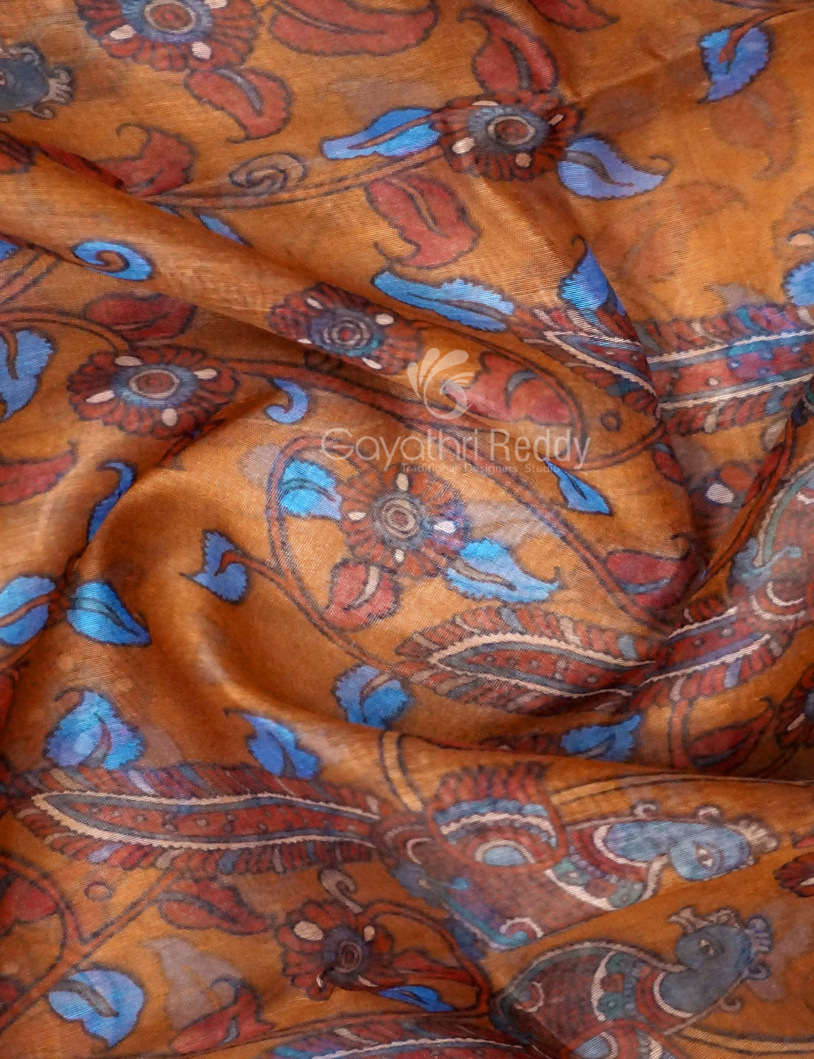 Shades of Mustard Colour Kalamkari Print Semi Chanderi Saree By Gayathri Reddy Designer Studio | Swadesiicart