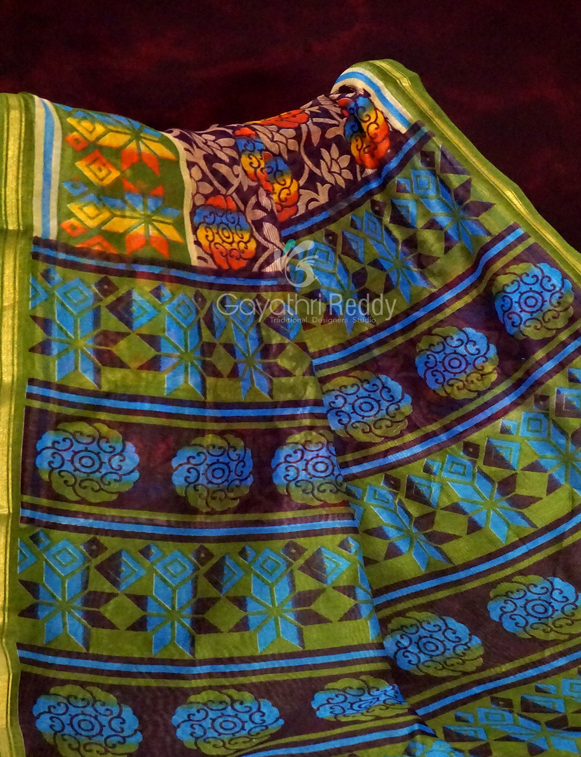 Shades of Dark Wine With Leaf Green Blouse Creeper Design Semi Chanderi Saree By Gayathri Reddy Designer Studio | Swadesiicart