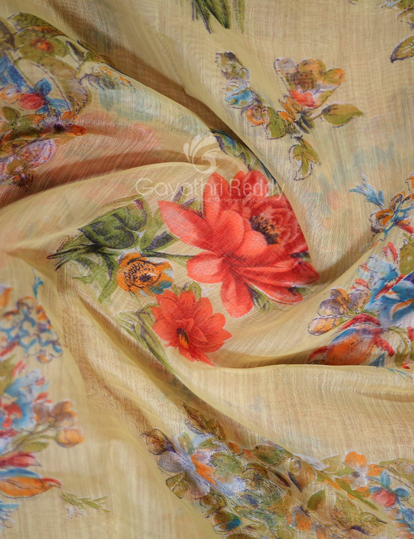 Shades of Light Dry Mehendi With Floral Print Semi Chanderi Saree By Gayathri Reddy Designer Studio | Swadesiicart