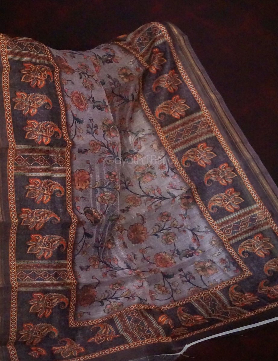 Baby Brown Mix With Pink Floral Design Printed Semi Chanderi Saree By Gayathri Reddy Designer Studio | Swadesiicart