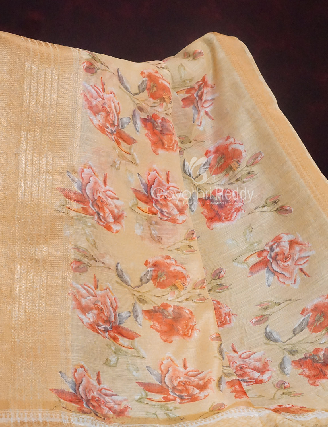 Shades of Wheat with Floral Design Semi Chanderi Saree By Gayathri Reddy Designer Studio | Swadesiicart