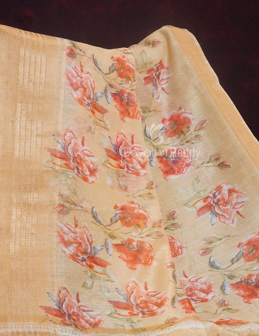 Shades of Wheat with Floral Design Semi Chanderi Saree By Gayathri Reddy Designer Studio | Swadesiicart