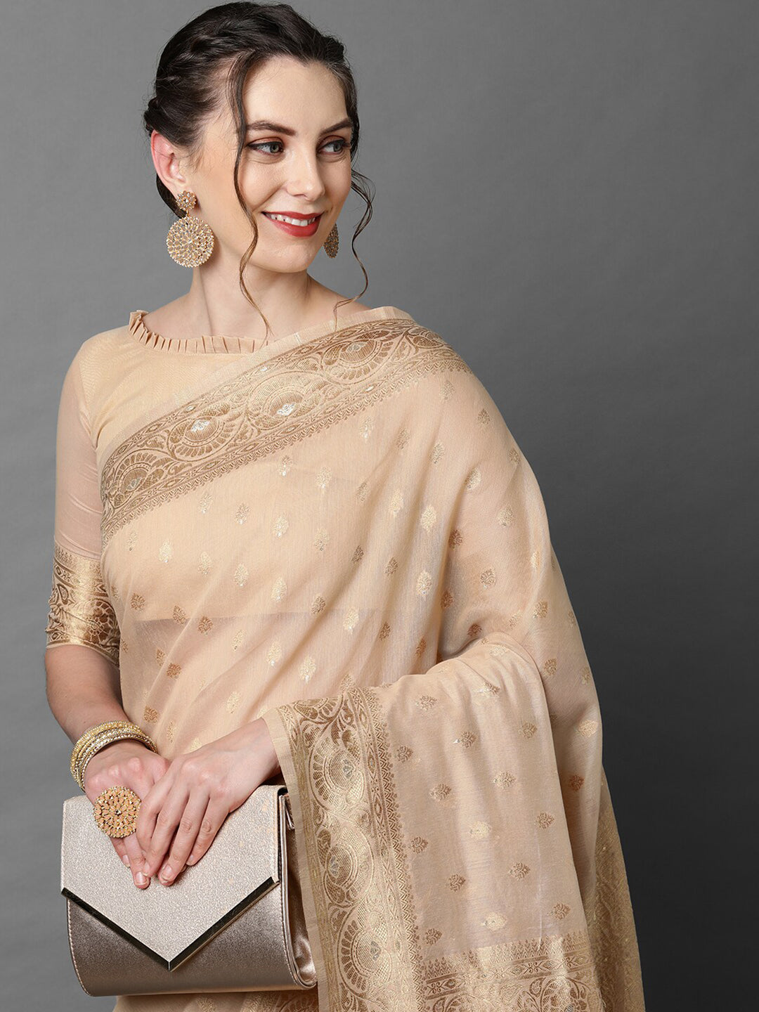 Mitera Cream-Coloured & Gold-Coloured Ethnic Motifs Silk Blend Banarasi Saree | Swadesiicart