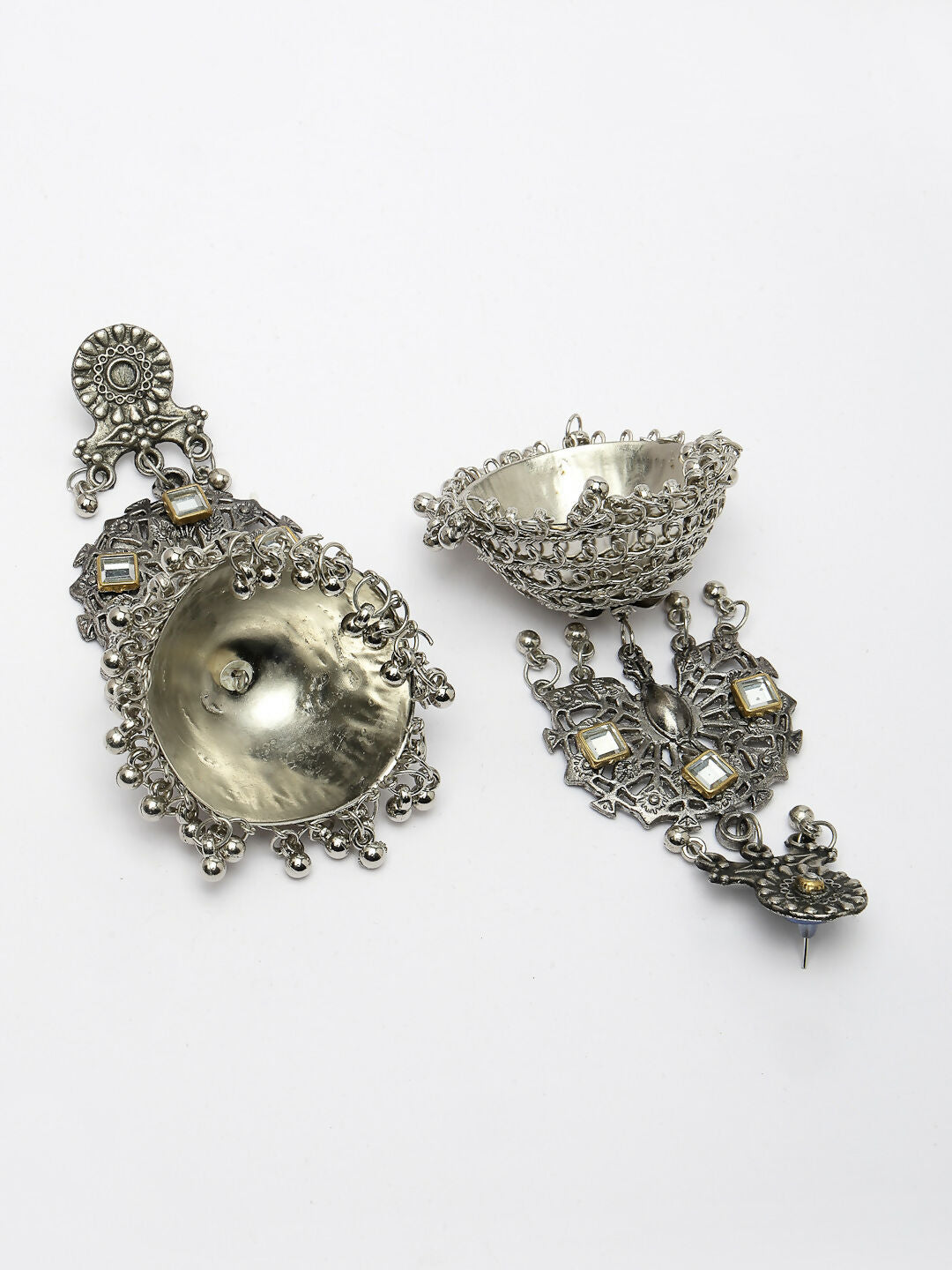 NVR Women's Silver Plated Mirror Work Oxidised Contemporary Jhumka Earrings | Swadesiicart