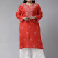 ADA Women Plus Size Red & White Ethnic Motifs Pure Cotton Chikankari Embroidered Kurta | Swadesiicart