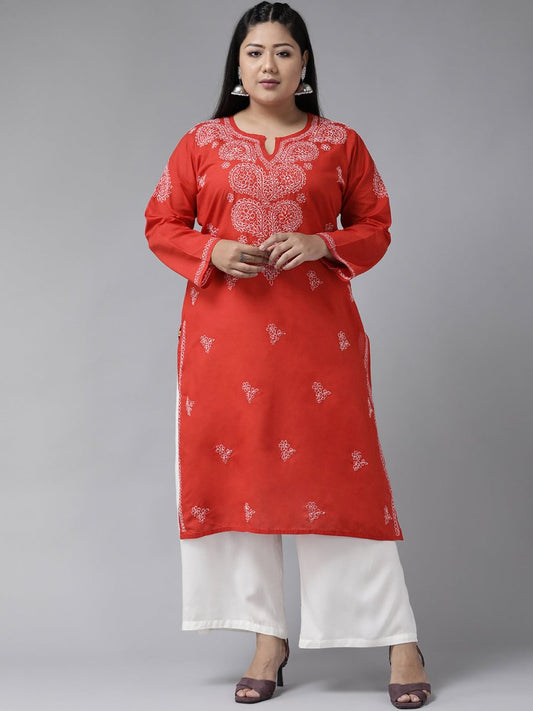 ADA Women Plus Size Red & White Ethnic Motifs Pure Cotton Chikankari Embroidered Kurta | Swadesiicart