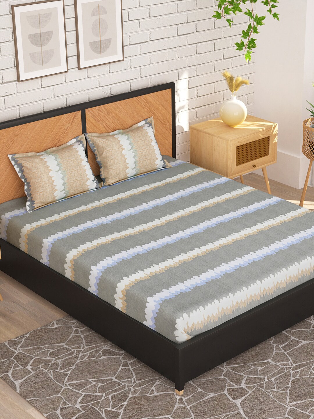 Story@home Grey & Peach-Coloured Striped 180 TC Queen Bedsheet With 2 Pillow Covers - Swadesiicart
