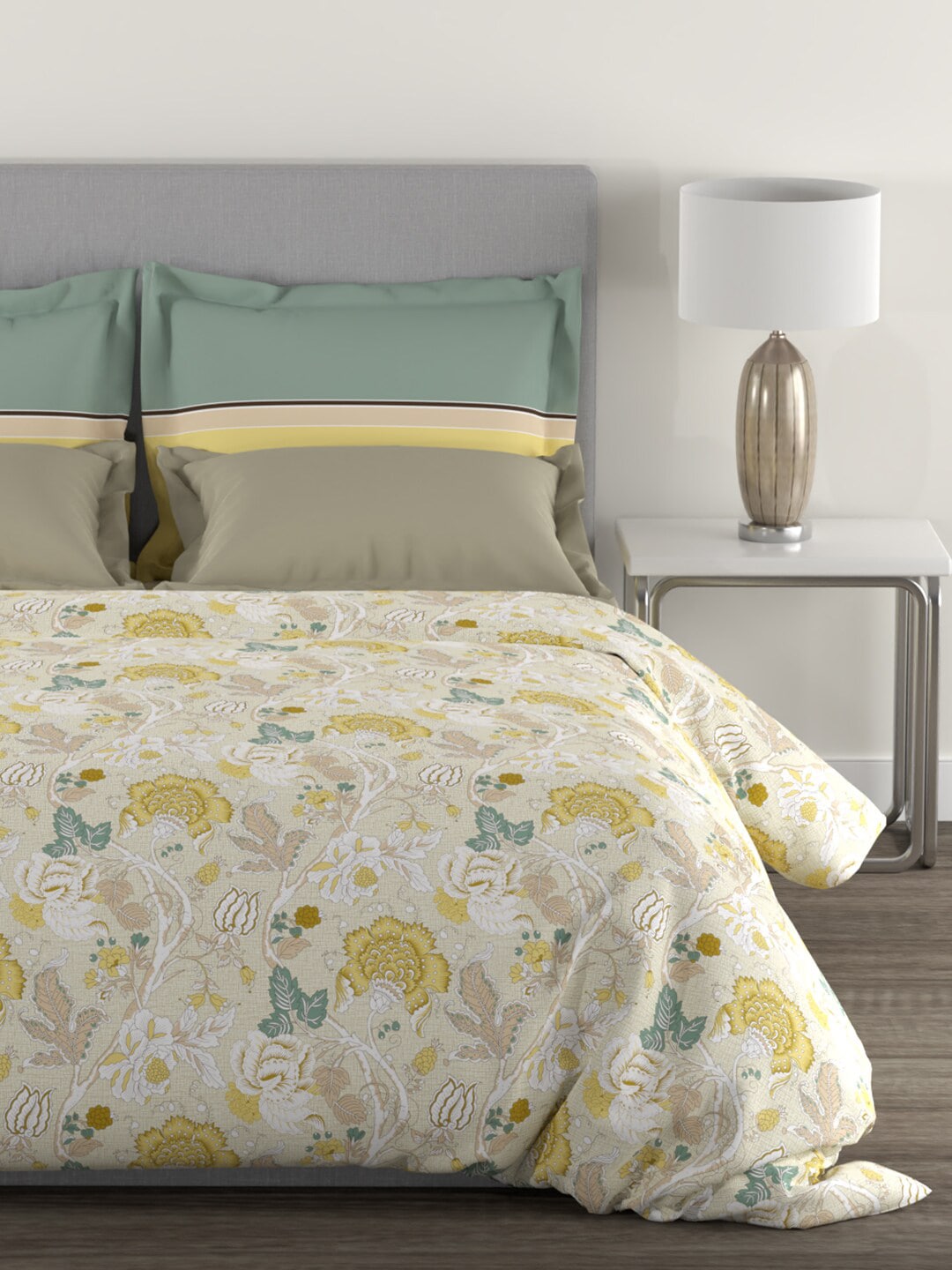 MYTRIDENT Yellow White Floral Cotton 144 TC Queen Bedsheet With 2 Pillow Covers - Swadesiicart