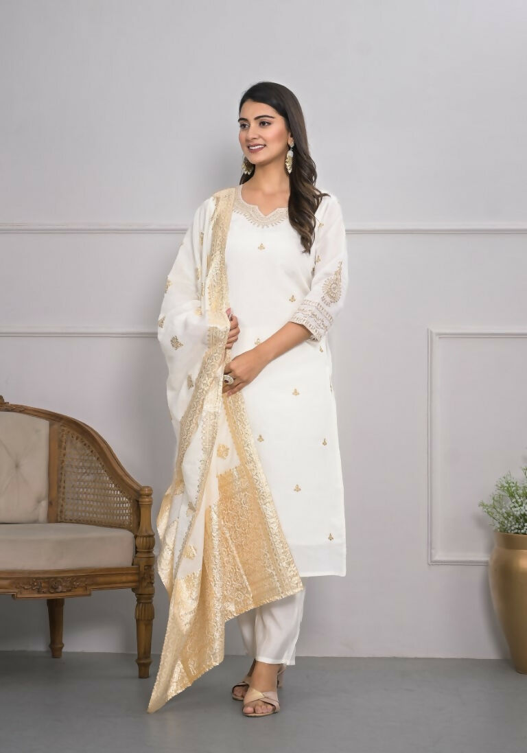 White Viscose Silk Embroidery with Thread and sequence Stitched Suit With Dupatta - Tanisha | Swadesiicart