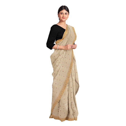 Exclusive Collection 100% Pure Cotton Light Brown Saree With Printed Work - Swadesiicart