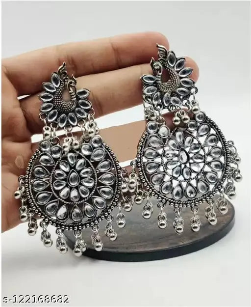 Tehzeeb Creations Women's Silver Colour Earrings With Kundan And Ghungroo Work | Swadesiicart