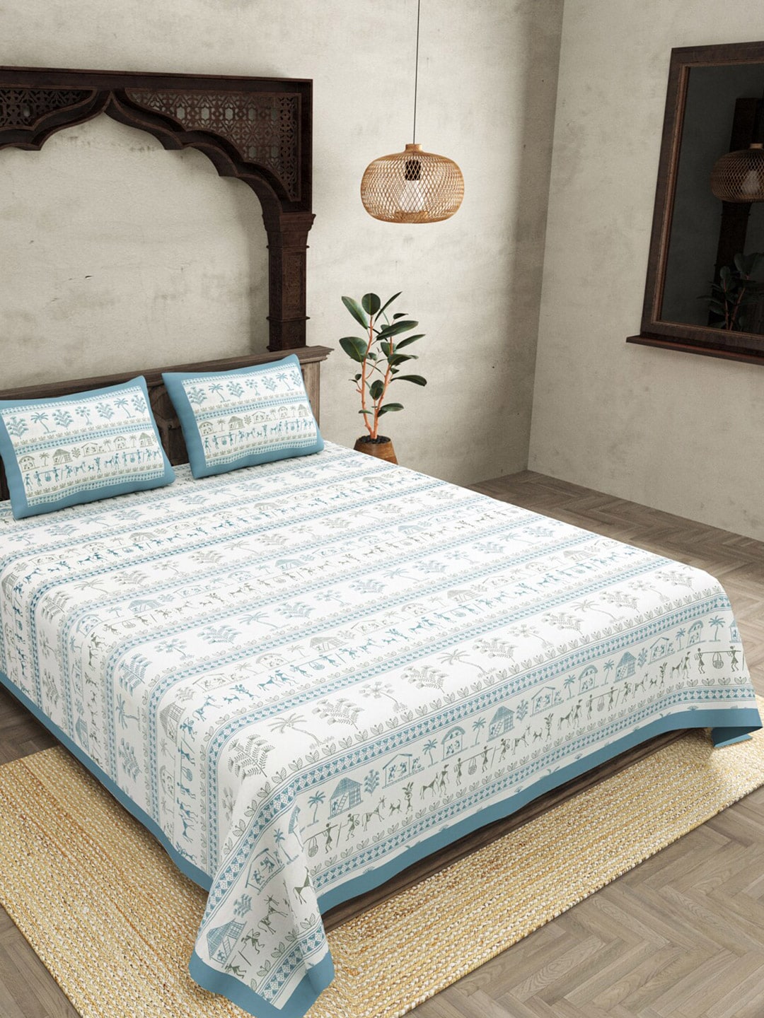 JAIPUR FABRIC Blue Ethnic Motifs Cotton 250 TC Super King Bedsheet With 2 Pillow Covers | Swadesiicart