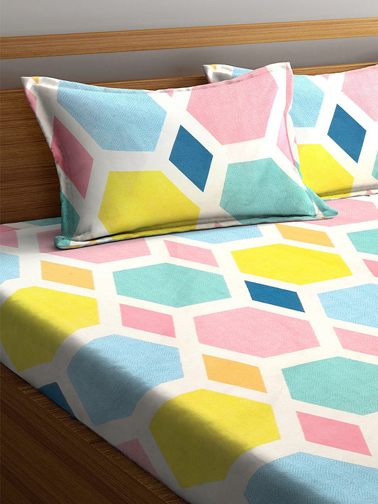 KLOTTHE Multicoloured Geometric 300 TC Fitted Double Bedsheet with 2 Pillow Covers - Swadesiicart