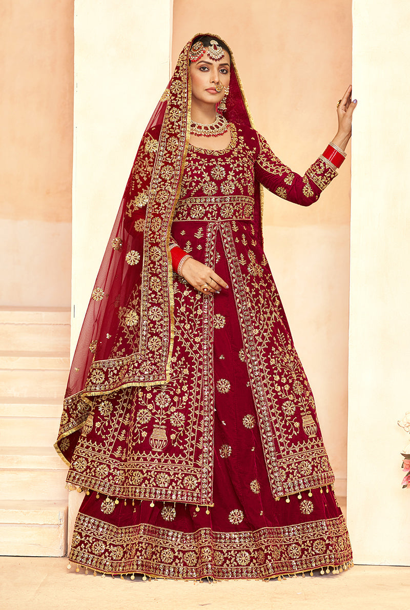 Monjolika Fashion Maroon Embroidered Velvet Designer Long Lehenga Choli - Swadesiicart