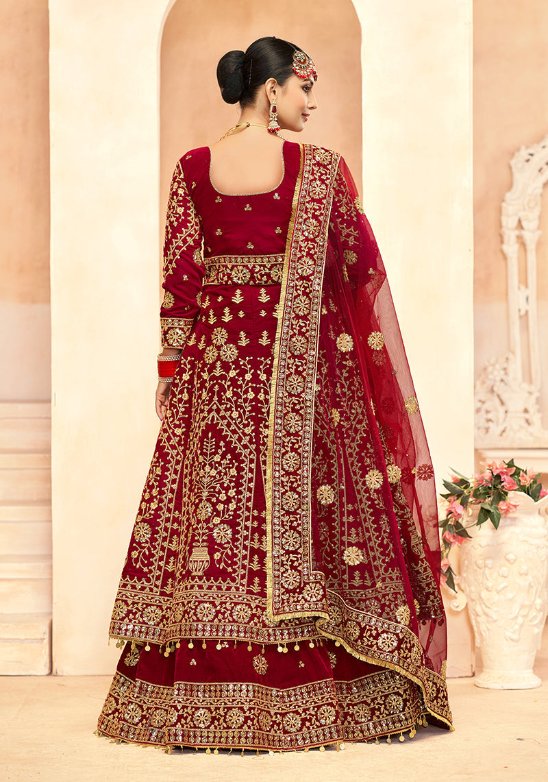 Monjolika Fashion Maroon Embroidered Velvet Designer Long Lehenga Choli - Swadesiicart