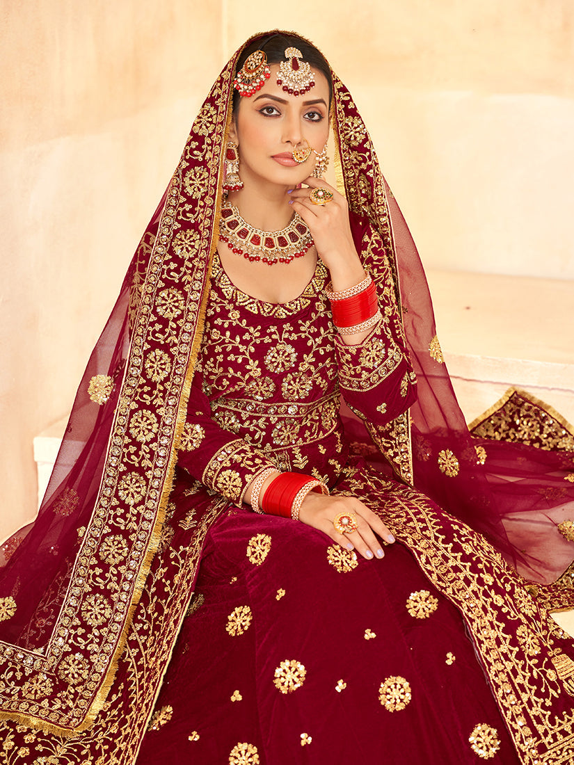 Monjolika Fashion Maroon Embroidered Velvet Designer Long Lehenga Choli - Swadesiicart