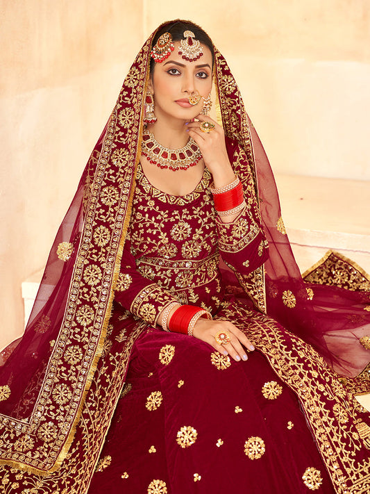 Monjolika Fashion Maroon Embroidered Velvet Designer Long Lehenga Choli - Swadesiicart