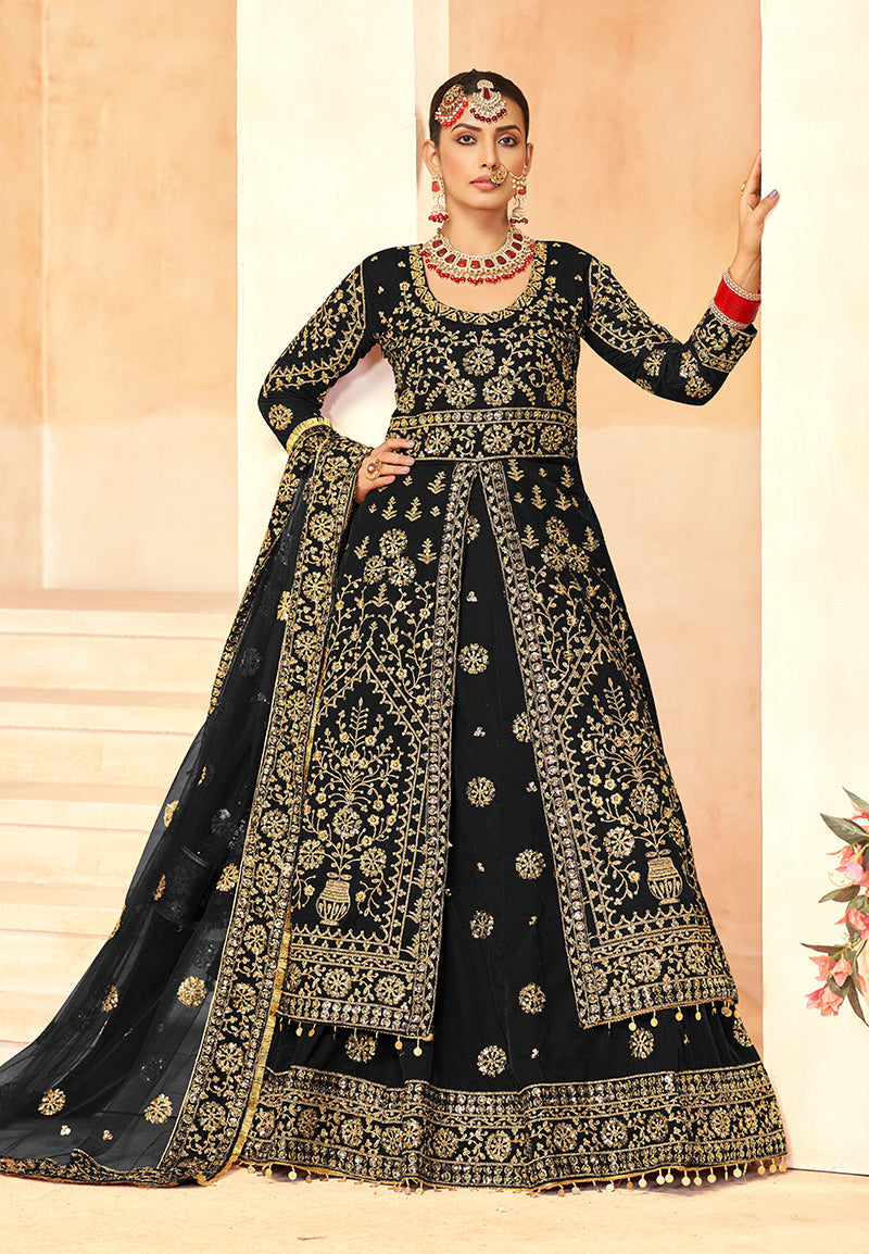 Monjolika Fashion Black Embroidered Velvet Designer Long Lehenga Choli - Swadesiicart