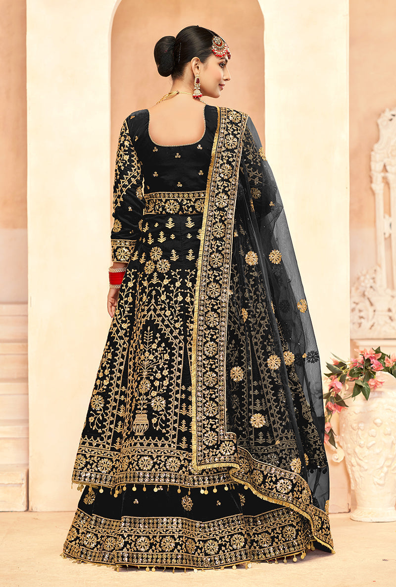 Monjolika Fashion Black Embroidered Velvet Designer Long Lehenga Choli - Swadesiicart