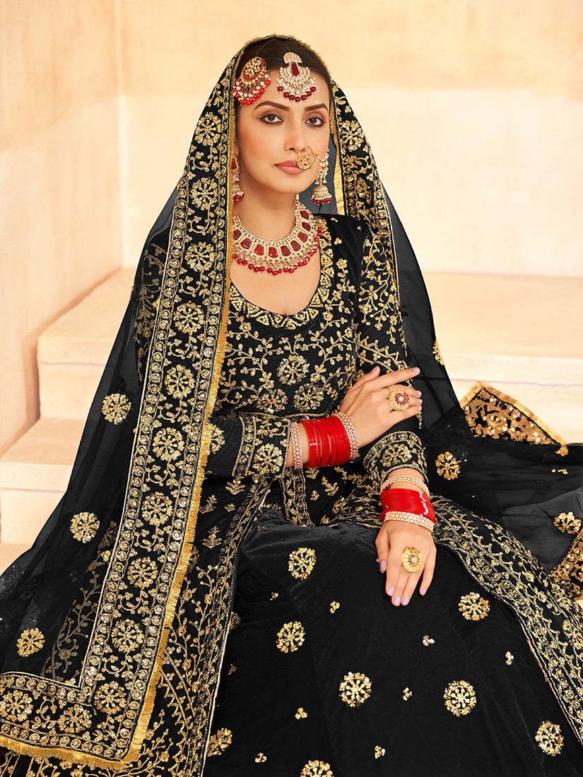 Monjolika Fashion Black Embroidered Velvet Designer Long Lehenga Choli - Swadesiicart