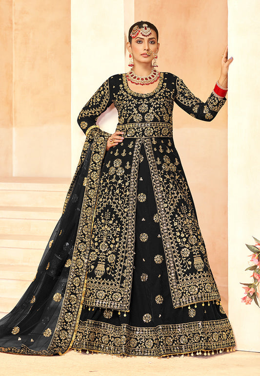 Monjolika Fashion Black Embroidered Velvet Designer Long Lehenga Choli - Swadesiicart