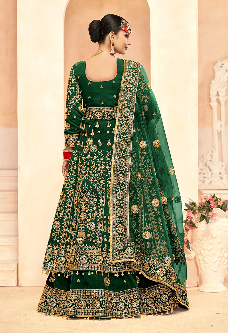Monjolika Fashion Green Embroidered Velvet Designer Long Lehenga Choli - Swadesiicart