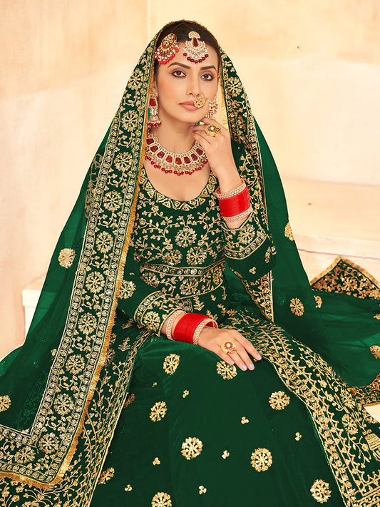 Monjolika Fashion Green Embroidered Velvet Designer Long Lehenga Choli - Swadesiicart