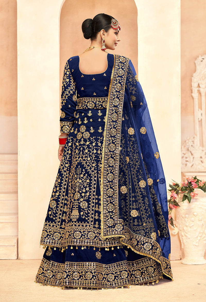 Monjolika Fashion Navy Blue Embroidered Velvet Designer Long Lehenga Choli - Swadesiicart