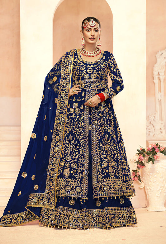Monjolika Fashion Navy Blue Embroidered Velvet Designer Long Lehenga Choli - Swadesiicart