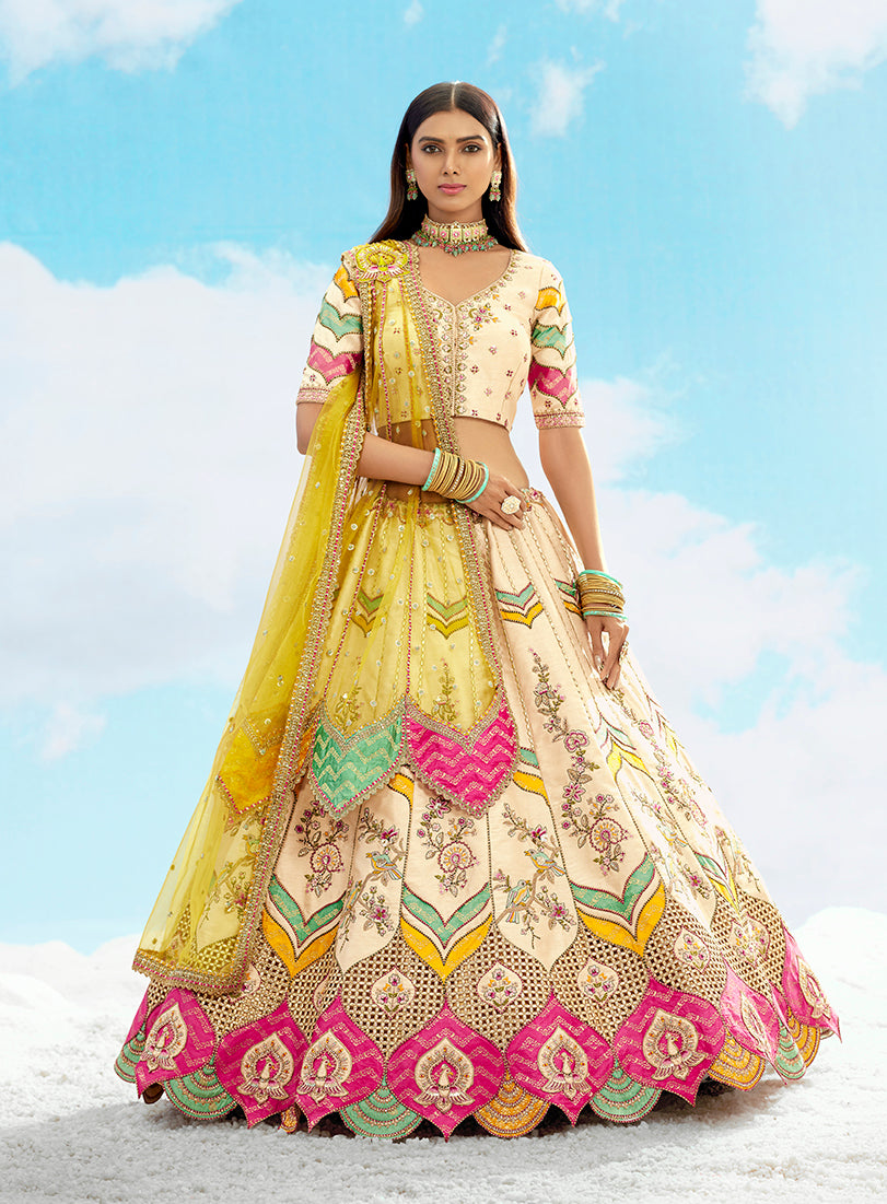 Monjolika Fashion Ivory & Yellow Silk Heavy Embroidered Wedding Lehenga Choli - Swadesiicart