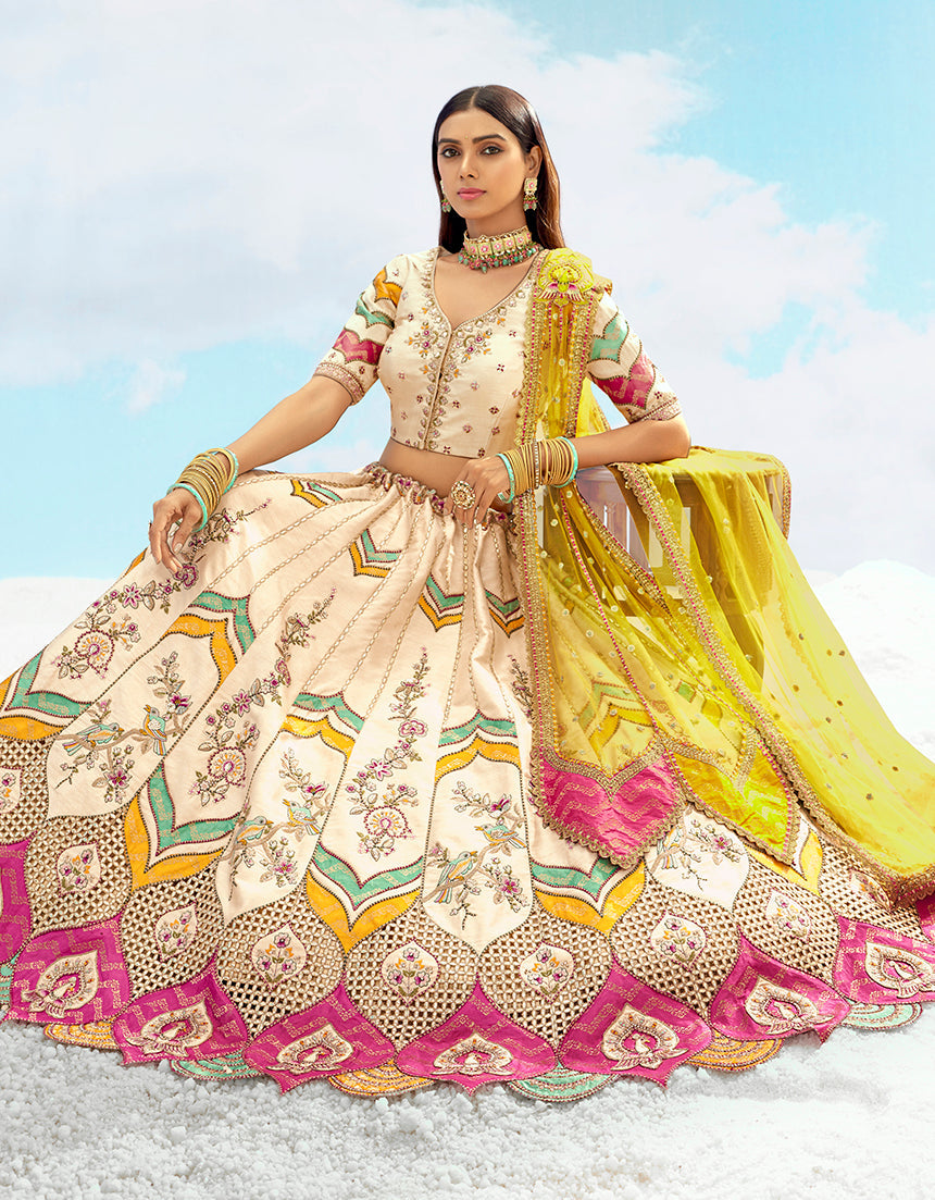 Monjolika Fashion Ivory & Yellow Silk Heavy Embroidered Wedding Lehenga Choli - Swadesiicart