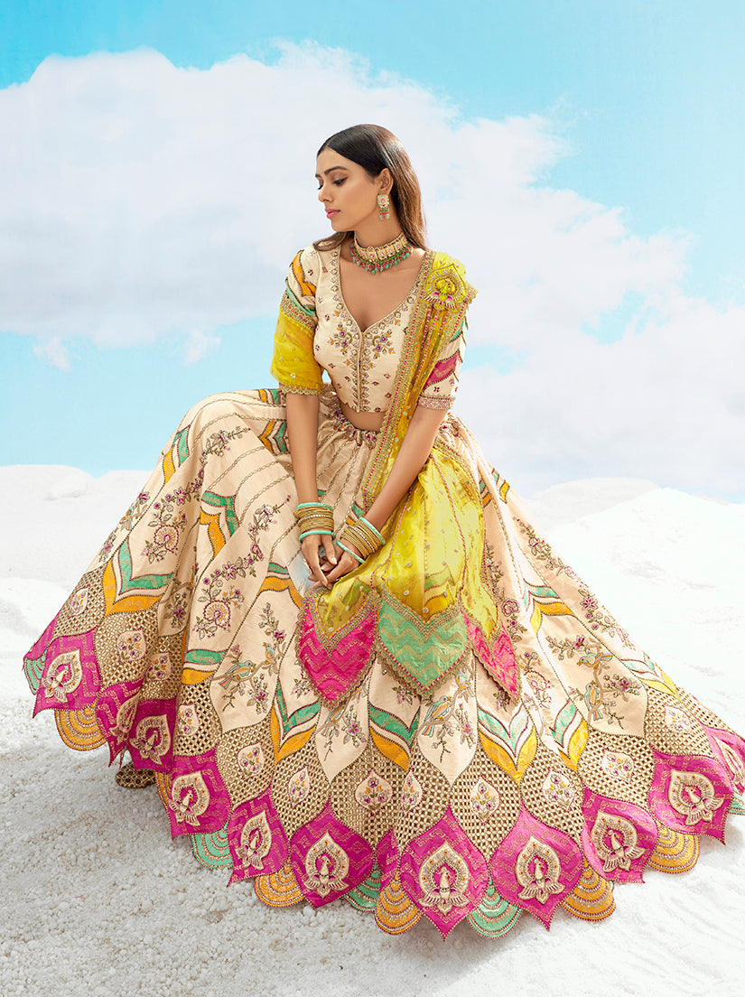 Monjolika Fashion Ivory & Yellow Silk Heavy Embroidered Wedding Lehenga Choli - Swadesiicart