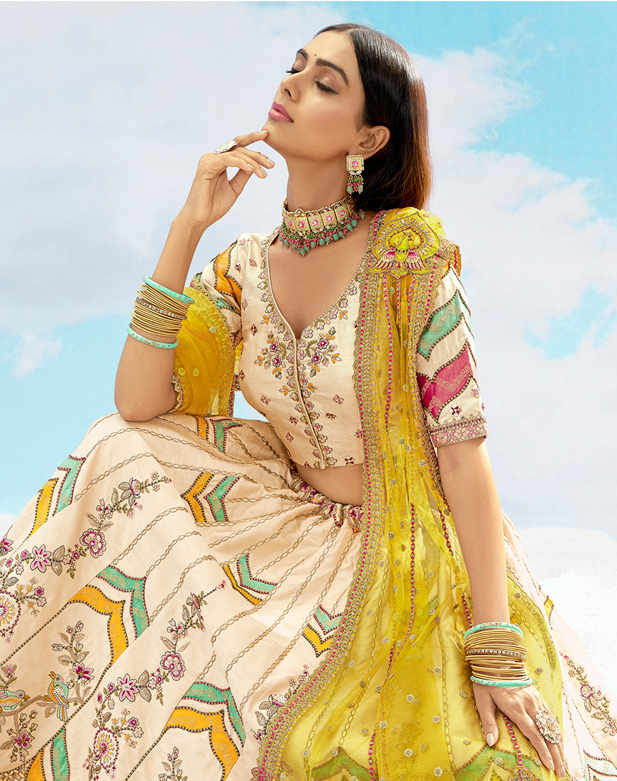 Monjolika Fashion Ivory & Yellow Silk Heavy Embroidered Wedding Lehenga Choli - Swadesiicart