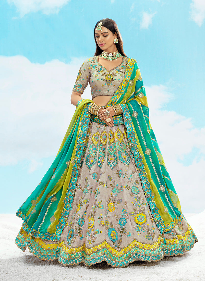Monjolika Fashion Light Grey & Sea Green Silk Bridal Lehenga Choli with Sequence Embroidery - Swadesiicart
