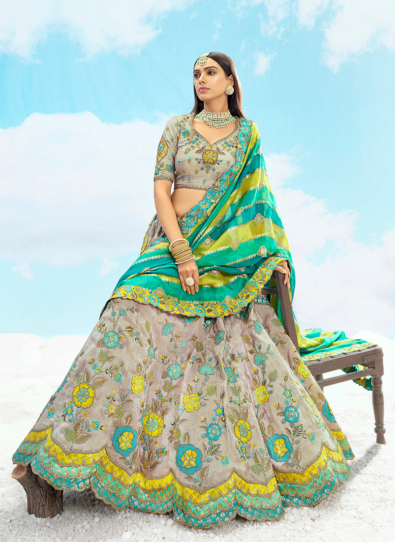 Monjolika Fashion Light Grey & Sea Green Silk Bridal Lehenga Choli with Sequence Embroidery - Swadesiicart