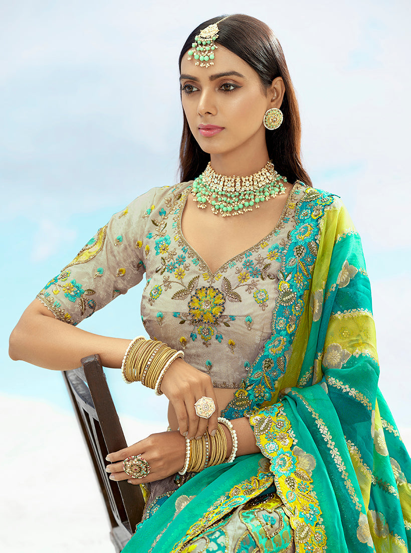 Monjolika Fashion Light Grey & Sea Green Silk Bridal Lehenga Choli with Sequence Embroidery - Swadesiicart