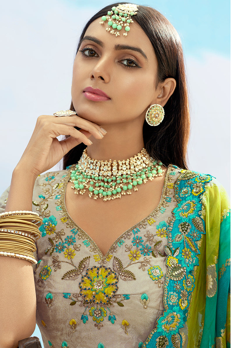 Monjolika Fashion Light Grey & Sea Green Silk Bridal Lehenga Choli with Sequence Embroidery - Swadesiicart